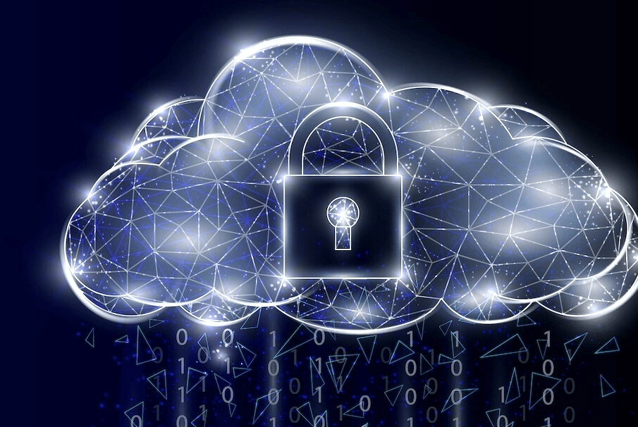  A blue glowing polygonal cloud with a lock icon in the center represents a secure cloud workload management platform.